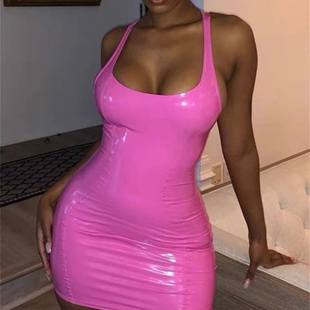 Sexy Pink PU Leather Bodycon Summer Dress
